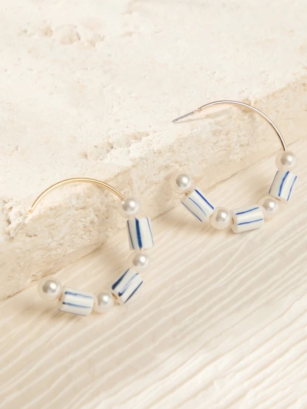 Altar'd State Nautical Gold Hoop Earrings w/ Blue-Striped Beads & Pearls